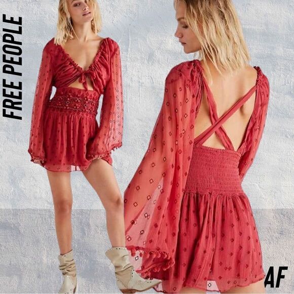 FREE PEOPLE DELLA SOLE MINI DRESS IN RED ROUGE NWT SMALL - Picture 1 of 9